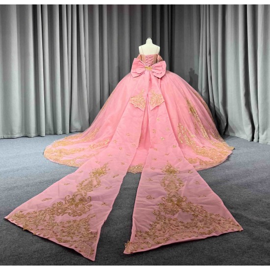 Mumuleo Blush Pink Rose Gold Floor-Length Ball Gown Shoulder Sweetheart Neckline Chapel Train Quinceanera Dresses 2026 100%