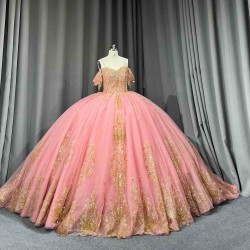 Mumuleo Blush Pink Rose Gold Floor-Length Ball Gown Shoulder Sweetheart Neckline Chapel Train Quinceanera Dresses 2026 100%