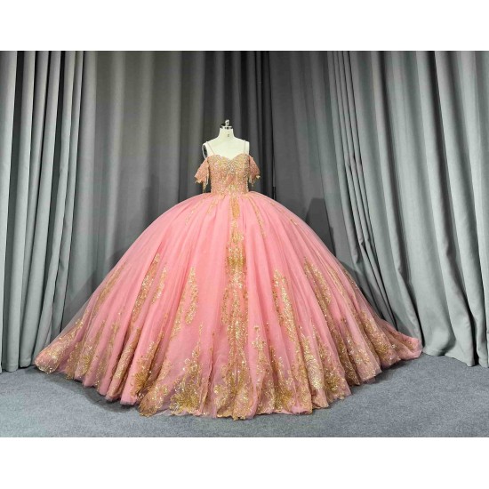 Mumuleo Blush Pink Rose Gold Floor-Length Ball Gown Shoulder Sweetheart Neckline Chapel Train Quinceanera Dresses 2026 100%