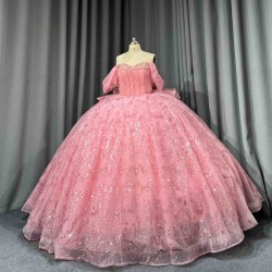 Mumuleo Blush Pink Rose Gold Floor-Length Ball Gown Shoulder Sweetheart Neckline Chapel Train Quinceanera Dresses 2026 100%