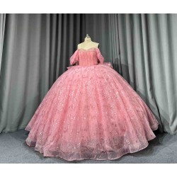 Mumuleo Blush Pink Rose Gold Floor-Length Ball Gown Shoulder Sweetheart Neckline Chapel Train Quinceanera Dresses 2026 100%