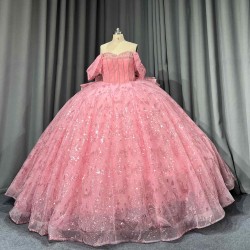 Mumuleo Blush Pink Rose Gold Floor-Length Ball Gown Shoulder Sweetheart Neckline Chapel Train Quinceanera Dresses 2026 100%