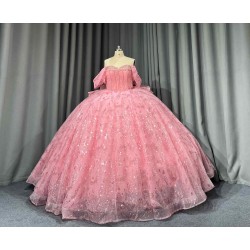 Mumuleo Blush Pink Rose Gold Floor-Length Ball Gown Shoulder Sweetheart Neckline Chapel Train Quinceanera Dresses 2026 100%
