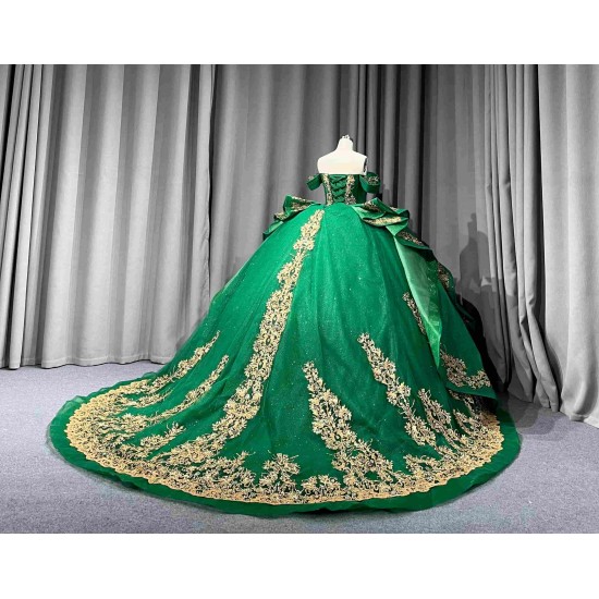 Mumuleo Green Ball Gown Floor-Length Quinceanera Dresses Chapel Train Modern Satin Lace Print Natural Waist for Teenagers 2026