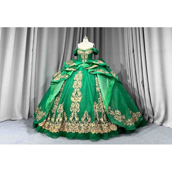 Mumuleo Green Ball Gown Floor-Length Quinceanera Dresses Chapel Train Modern Satin Lace Print Natural Waist for Teenagers 2026