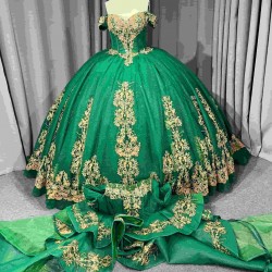 Mumuleo Green Ball Gown Floor-Length Quinceanera Dresses Chapel Train Modern Satin Lace Print Natural Waist for Teenagers 2026