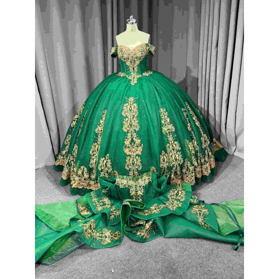Mumuleo Green Ball Gown Floor-Length Quinceanera Dresses Chapel Train Modern Satin Lace Print Natural Waist for Teenagers 2026