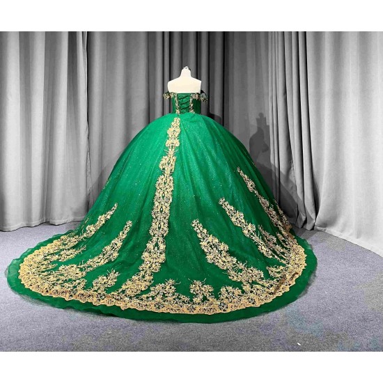 Mumuleo Green Ball Gown Floor-Length Quinceanera Dresses Chapel Train Modern Satin Lace Print Natural Waist for Teenagers 2026