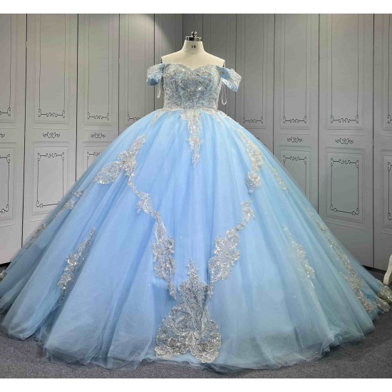Mumuleo Sky Blue Quinceanera Ball Gown Floor-Length Dresses Chapel Modern Satin Lace Print Natural Waist for Teenagers 2026