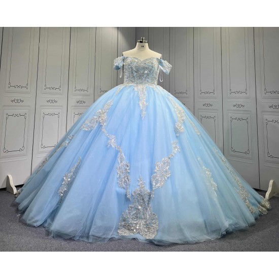 Mumuleo Sky Blue Quinceanera Ball Gown Floor-Length Dresses Chapel Modern Satin Lace Print Natural Waist for Teenagers 2026