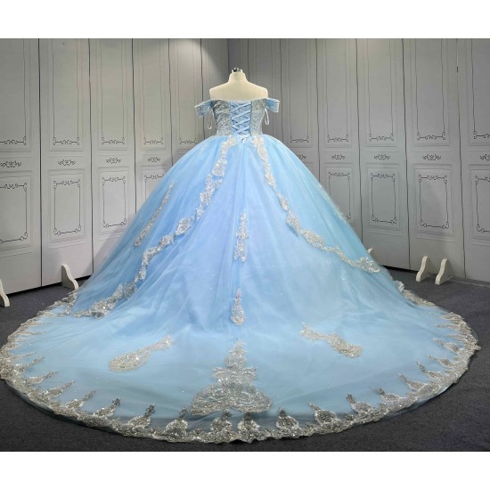 Mumuleo Sky Blue Quinceanera Ball Gown Floor-Length Dresses Chapel Modern Satin Lace Print Natural Waist for Teenagers 2026