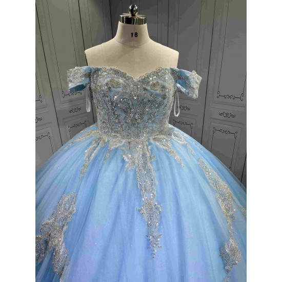 Mumuleo Sky Blue Quinceanera Ball Gown Floor-Length Dresses Chapel Modern Satin Lace Print Natural Waist for Teenagers 2026