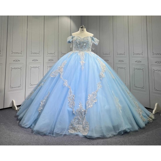 Mumuleo Sky Blue Quinceanera Ball Gown Floor-Length Dresses Chapel Modern Satin Lace Print Natural Waist for Teenagers 2026