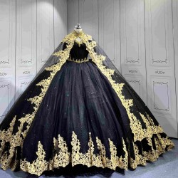 Mumuleo Black Gold Floor-Length Ball Gown Quinceanera Dresses with Chapel Train Modern Satin Lace Print for Teenagers 2026