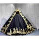 Mumuleo Black Gold Floor-Length Ball Gown Quinceanera Dresses with Chapel Train Modern Satin Lace Print for Teenagers 2026