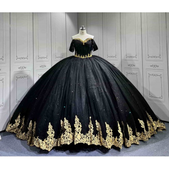 Mumuleo Black Gold Floor-Length Ball Gown Quinceanera Dresses with Chapel Train Modern Satin Lace Print for Teenagers 2026