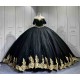 Mumuleo Black Gold Floor-Length Ball Gown Quinceanera Dresses with Chapel Train Modern Satin Lace Print for Teenagers 2026