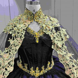 Mumuleo Black Gold Floor-Length Ball Gown Quinceanera Dresses with Chapel Train Modern Satin Lace Print for Teenagers 2026