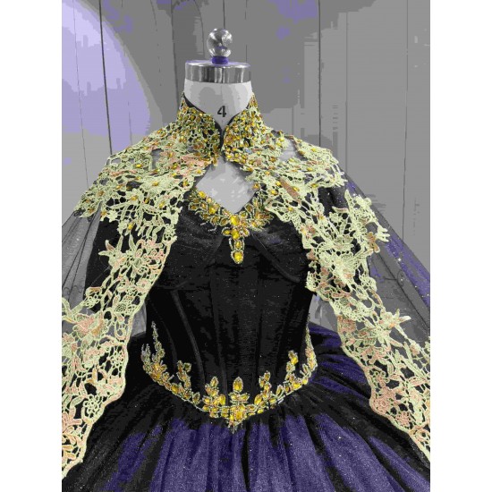 Mumuleo Black Gold Floor-Length Ball Gown Quinceanera Dresses with Chapel Train Modern Satin Lace Print for Teenagers 2026