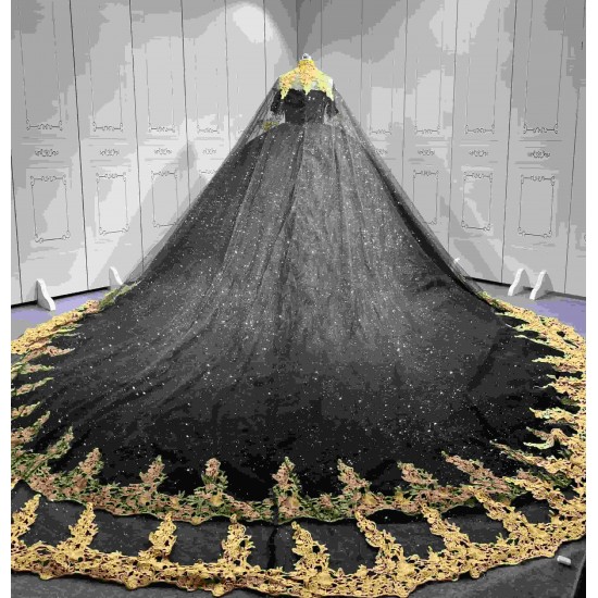 Mumuleo Black Gold Floor-Length Ball Gown Quinceanera Dresses with Chapel Train Modern Satin Lace Print for Teenagers 2026
