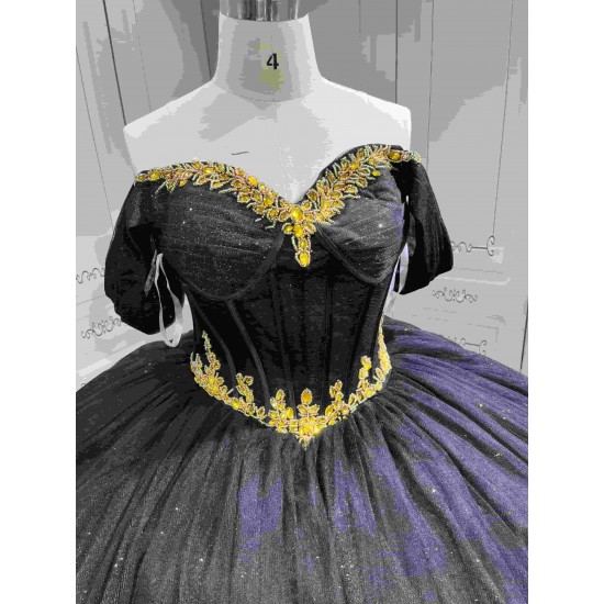 Mumuleo Black Gold Floor-Length Ball Gown Quinceanera Dresses with Chapel Train Modern Satin Lace Print for Teenagers 2026