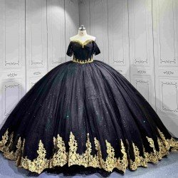 Mumuleo Black Gold Floor-Length Ball Gown Quinceanera Dresses with Chapel Train Modern Satin Lace Print for Teenagers 2026