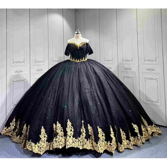 Mumuleo Black Gold Floor-Length Ball Gown Quinceanera Dresses with Chapel Train Modern Satin Lace Print for Teenagers 2026