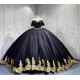 Mumuleo Black Gold Floor-Length Ball Gown Quinceanera Dresses with Chapel Train Modern Satin Lace Print for Teenagers 2026