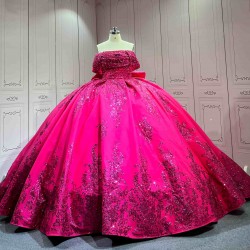 Mumuleo Fuchsia Ball Gown Floor-Length Modern Quinceanera Dresses Satin Chapel Train Lace Print Natural Waist for Teenagers 2026