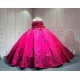 Mumuleo Fuchsia Ball Gown Floor-Length Modern Quinceanera Dresses Satin Chapel Train Lace Print Natural Waist for Teenagers 2026
