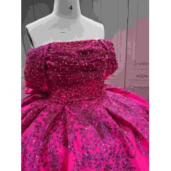 Mumuleo Fuchsia Ball Gown Floor-Length Modern Quinceanera Dresses Satin Chapel Train Lace Print Natural Waist for Teenagers 2026