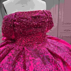 Mumuleo Fuchsia Ball Gown Floor-Length Modern Quinceanera Dresses Satin Chapel Train Lace Print Natural Waist for Teenagers 2026