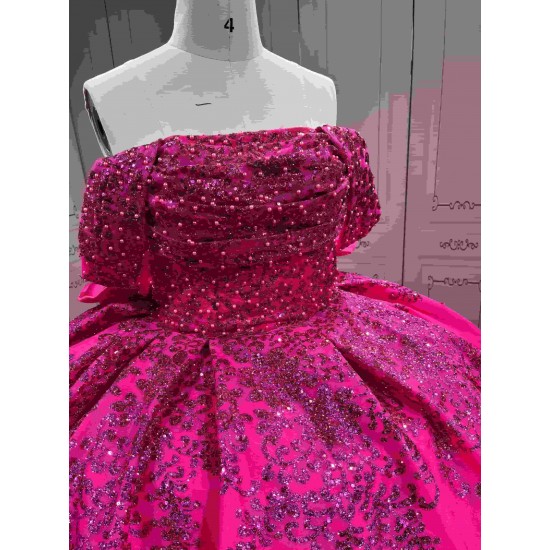 Mumuleo Fuchsia Ball Gown Floor-Length Modern Quinceanera Dresses Satin Chapel Train Lace Print Natural Waist for Teenagers 2026