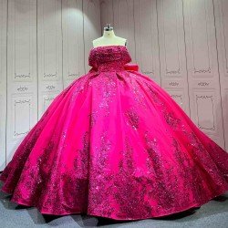 Mumuleo Fuchsia Ball Gown Floor-Length Modern Quinceanera Dresses Satin Chapel Train Lace Print Natural Waist for Teenagers 2026