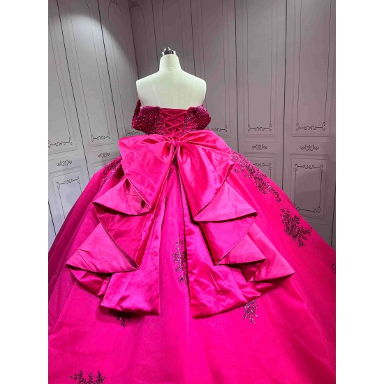 Mumuleo Fuchsia Ball Gown Floor-Length Modern Quinceanera Dresses Satin Chapel Train Lace Print Natural Waist for Teenagers 2026