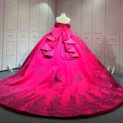 Mumuleo Fuchsia Ball Gown Floor-Length Modern Quinceanera Dresses Satin Chapel Train Lace Print Natural Waist for Teenagers 2026