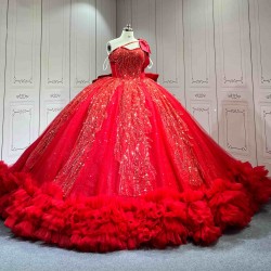Mumuleo Red Quinceanera Floor-Length Ball Gown Modern Satin Lace Print Natural Waist Sweep Train Dresses for Teenagers 2026