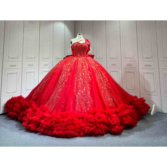 Mumuleo Red Quinceanera Floor-Length Ball Gown Modern Satin Lace Print Natural Waist Sweep Train Dresses for Teenagers 2026