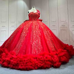 Mumuleo Red Quinceanera Floor-Length Ball Gown Modern Satin Lace Print Natural Waist Sweep Train Dresses for Teenagers 2026