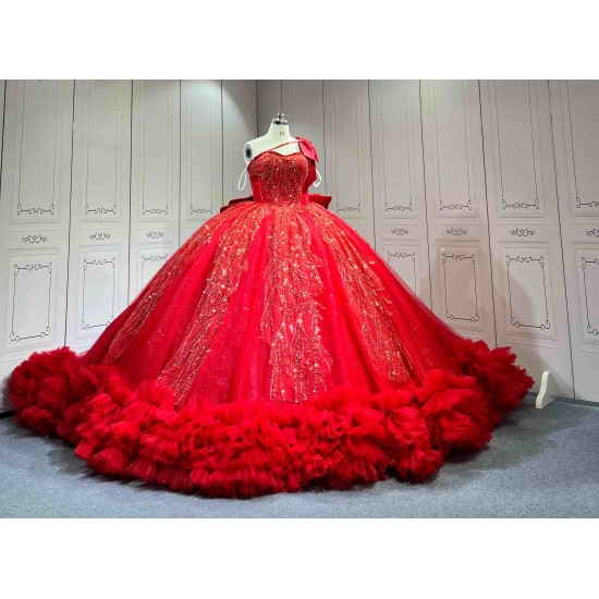 Mumuleo Red Quinceanera Floor-Length Ball Gown Modern Satin Lace Print Natural Waist Sweep Train Dresses for Teenagers 2026