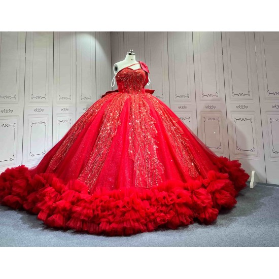 Mumuleo Red Quinceanera Floor-Length Ball Gown Modern Satin Lace Print Natural Waist Sweep Train Dresses for Teenagers 2026