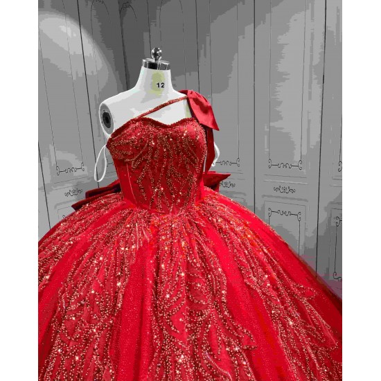 Mumuleo Red Quinceanera Floor-Length Ball Gown Modern Satin Lace Print Natural Waist Sweep Train Dresses for Teenagers 2026