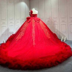 Mumuleo Red Quinceanera Floor-Length Ball Gown Modern Satin Lace Print Natural Waist Sweep Train Dresses for Teenagers 2026
