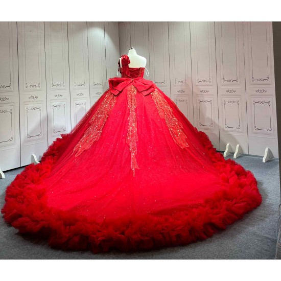 Mumuleo Red Quinceanera Floor-Length Ball Gown Modern Satin Lace Print Natural Waist Sweep Train Dresses for Teenagers 2026