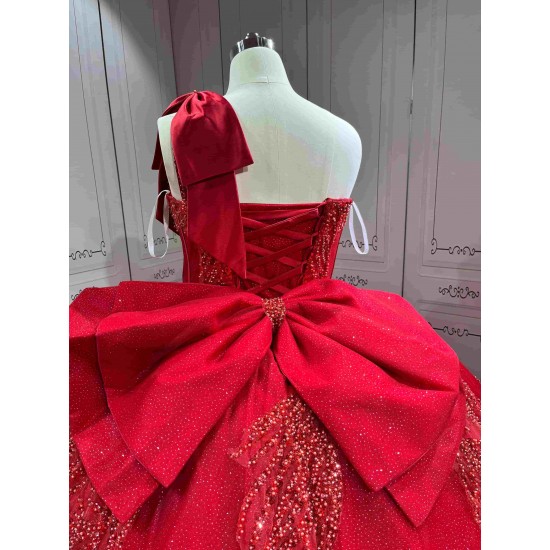 Mumuleo Red Quinceanera Floor-Length Ball Gown Modern Satin Lace Print Natural Waist Sweep Train Dresses for Teenagers 2026