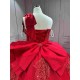 Mumuleo Red Quinceanera Floor-Length Ball Gown Modern Satin Lace Print Natural Waist Sweep Train Dresses for Teenagers 2026
