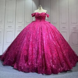 Mumuleo Sparkly Sequin Glitter Ball Gown Sweetheart Neckline Fuchsia Quinceanera Dresses Vestido De XV
