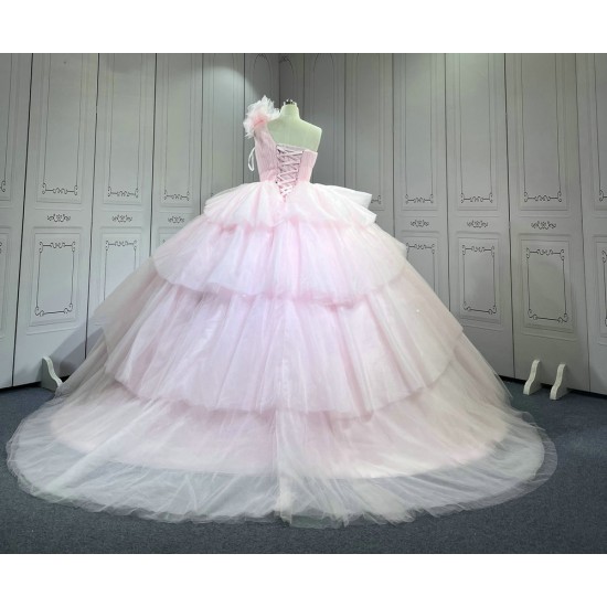 Mumuleo Layered One Shoulder Quinceanera Dress vestidos de xv años rosa Pink fifteen year old dress vestidos de quince años