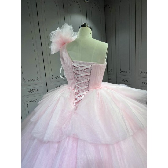 Mumuleo Layered One Shoulder Quinceanera Dress vestidos de xv años rosa Pink fifteen year old dress vestidos de quince años