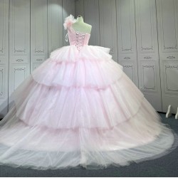 Mumuleo Layered One Shoulder Quinceanera Dress vestidos de xv años rosa Pink fifteen year old dress vestidos de quince años